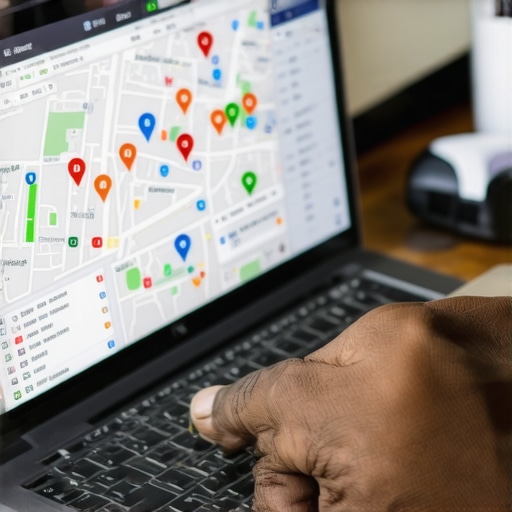 Business owner reviewing local SEO analytics and map rankings on laptop