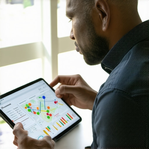 Business owner reviewing local SEO analytics on a digital tablet
