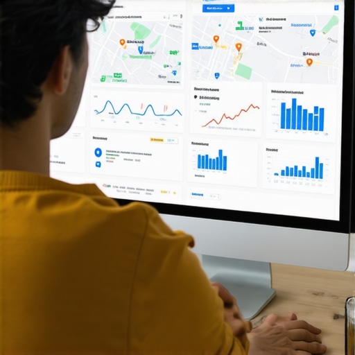 Person reviewing Google Maps ranking data and SEO performance charts on computer screen