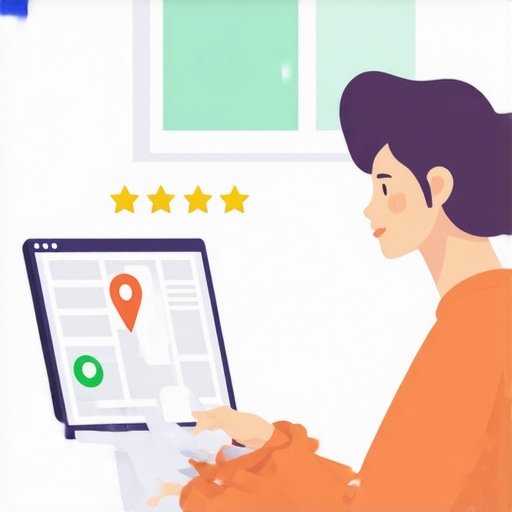 Business owner updating Google My Business profile on laptop with maps and reviews.