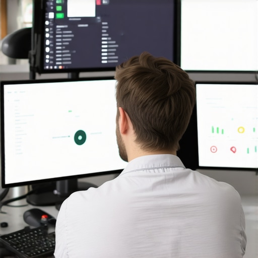 A person managing local SEO metrics using specialized software on multiple monitors.