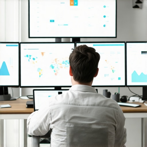 Person analyzing local SEO data on screens with maps and charts.