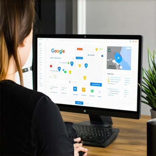 Business owner working on Google My Business profile with maps and analytics on screen.