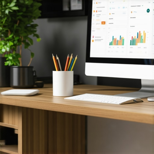 A professional workspace with SEO monitoring tools and analytics charts.