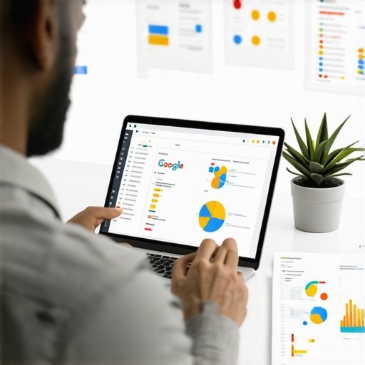 Business owner updating GMB profile with analytics tools nearby.