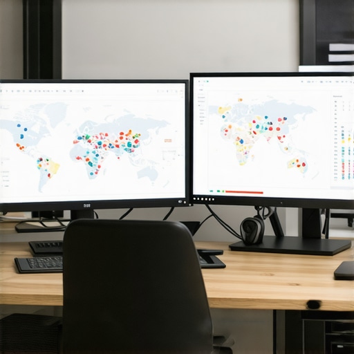 A workspace with multiple screens showing local SEO dashboards and maps for ongoing system maintenance.