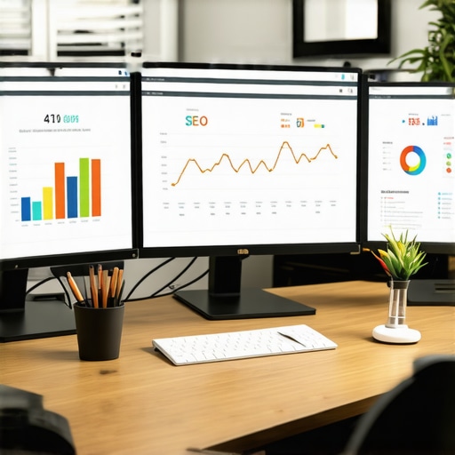 A computer workstation displaying local SEO analytics dashboards and citation tracking tools.