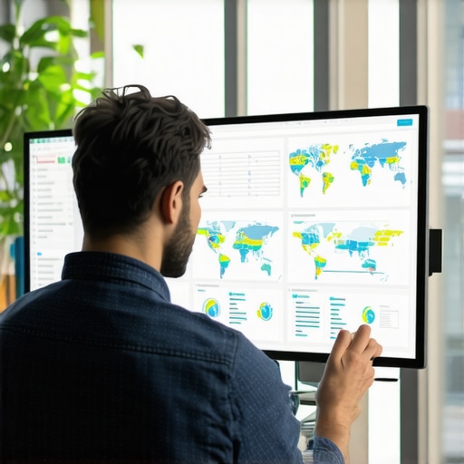 Analyzing Local SEO Data Digital marketer reviewing local SEO analytics on a screen with maps and graphs