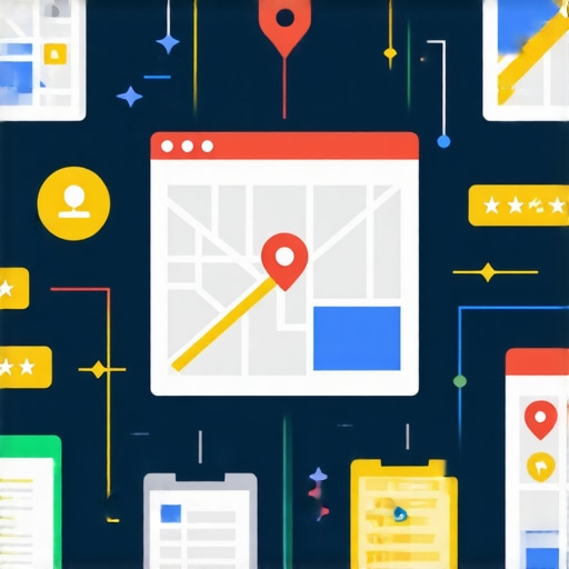 Illustration of interconnected elements in local SEO surrounding a Google Maps interface