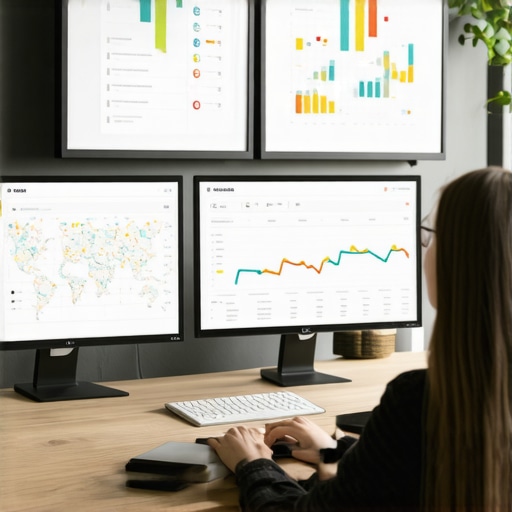 Person analyzing SEO data on multiple screens related to Google Maps and local search rankings.