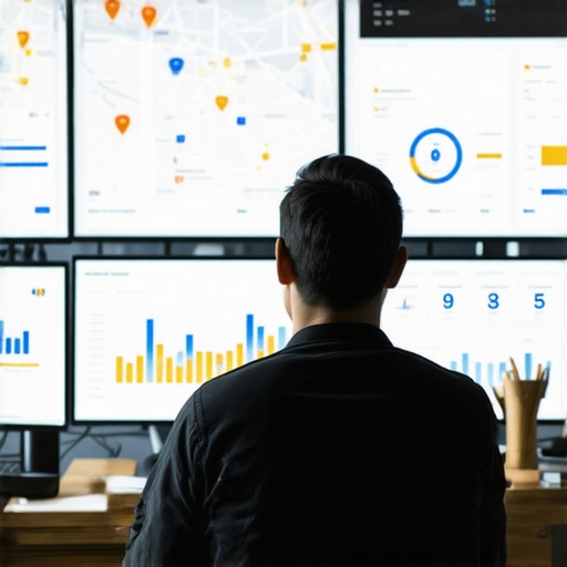 Monitoring Map Rankings with Advanced Tools A professional analyzing local SEO metrics on dual monitors with maps and data charts.