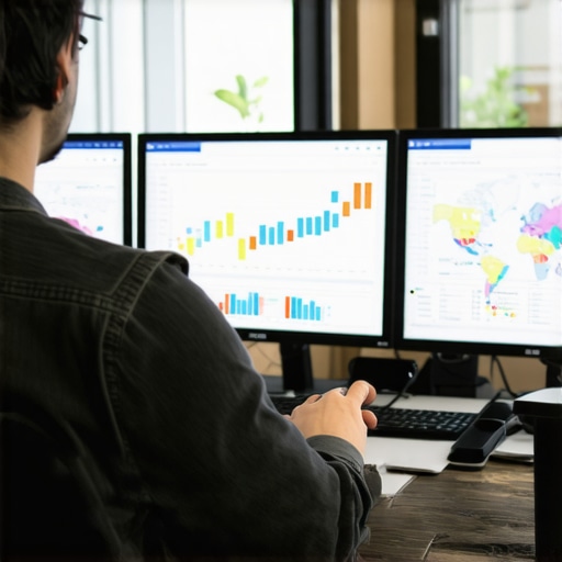 Monitoring SEO Analytics for Map Pack Maintenance A professional analyzing local SEO and map pack performance on screens in a workspace