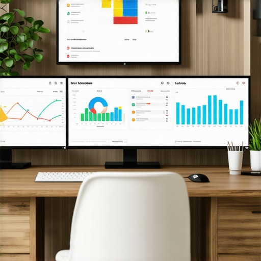 A desk with monitors displaying SEO dashboards and ranking data.