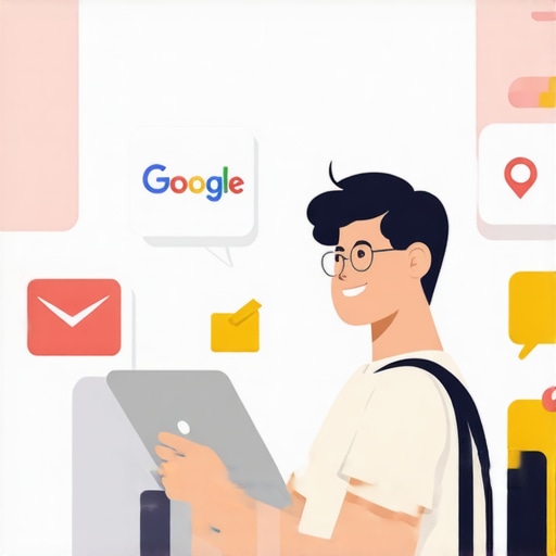 Optimizing Local Business Profiles for Map Rankings A graphic showing a local business owner working on a computer with multiple digital profiles and maps.