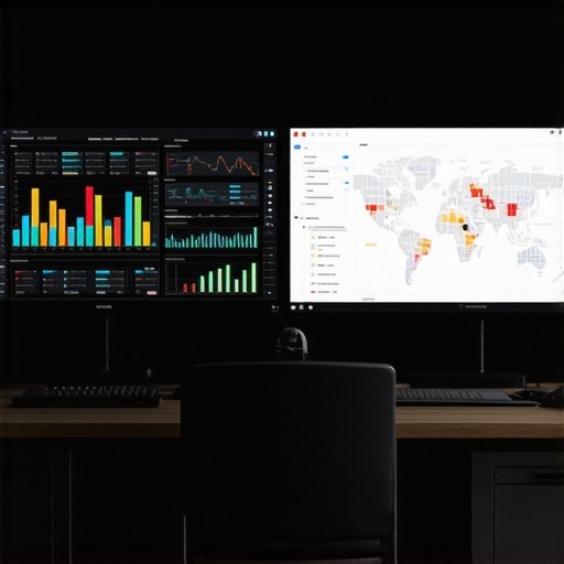 Desktop setup showing SEO analytics dashboards and local search performance metrics