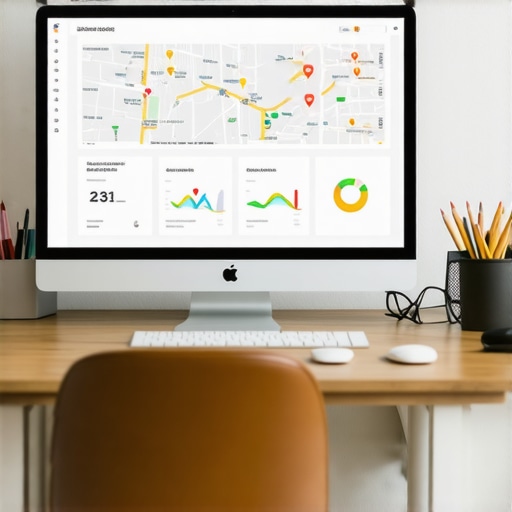 Person analyzing local SEO analytics on a desktop monitor with maps and ranking data.