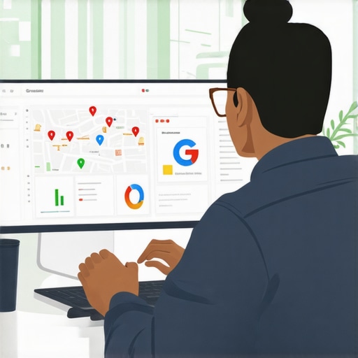 Business owner working on local map pack optimization with digital analytics tools.