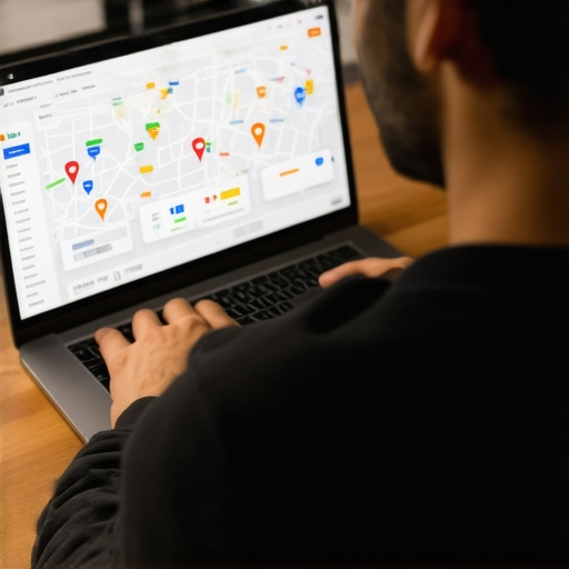 Person working on local SEO optimization on a laptop with maps and analytics.