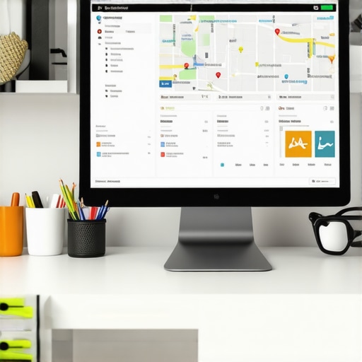 Desk setup with SEO tools and analytics displaying local rankings.
