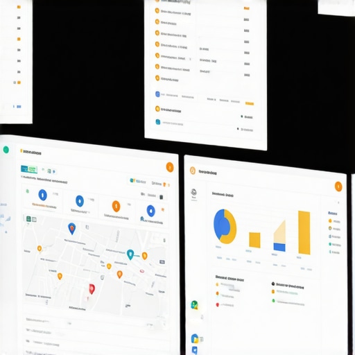 Laptop and monitors displaying SEO and map analytics dashboards
