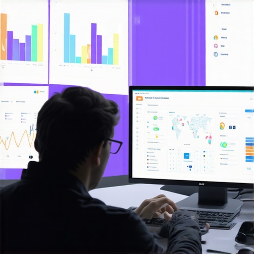 A professional monitoring local SEO performance on multiple screens with maps and analytics graphs.