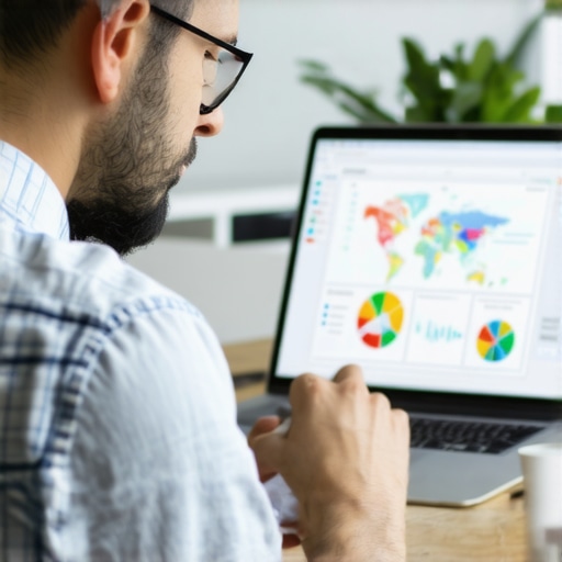 Business owner reviewing SEO analytics on a laptop with maps and charts.