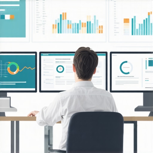 A professional using multiple monitors to analyze local search rankings and tools