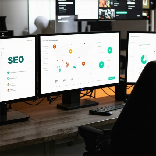 A workspace with SEO software, maps analytics dashboards, and citation tools on multiple monitors