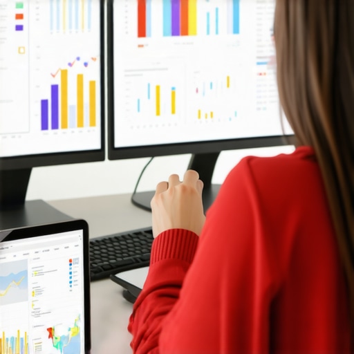 Person reviewing SEO dashboards on dual monitors, focusing on local search performance.