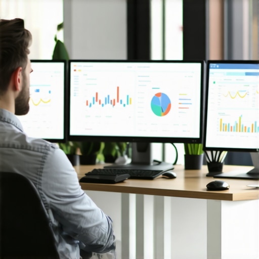 Person analyzing local SEO and map ranking dashboards on multiple screens.