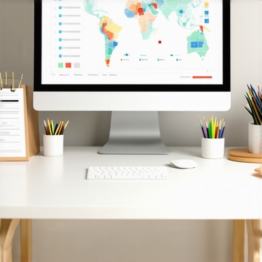 Desk with computers displaying SEO analytics and maps for local SEO management.